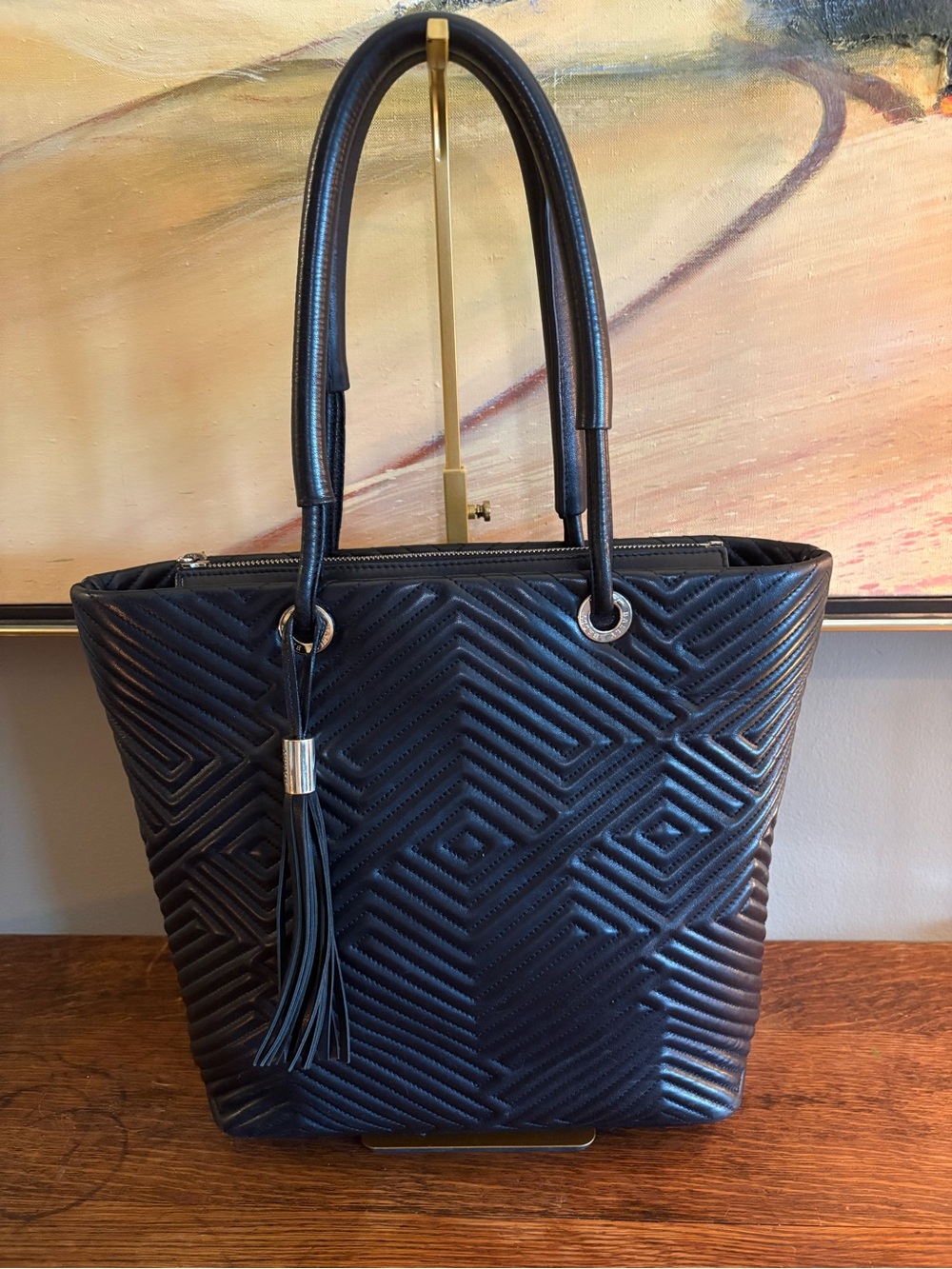 Bally Black Calfskin Leather Geometric Quilted Large Tote Tassel